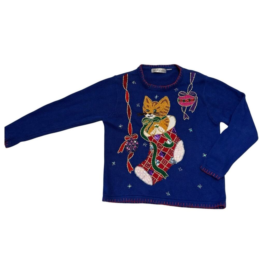 VTG Victoria Jones Vintage Christmas Cat Sweater L Blue Beaded Sequin Stocking